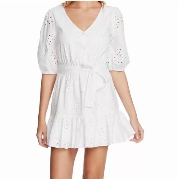 NWT 1 State white embroidered floral eyelet Lace V neck button Mini dress M - Picture 1 of 10